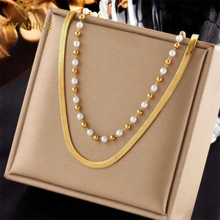 Flat Snake Choker + Beaded Pearl Smyckesset 18K Guldpläterat