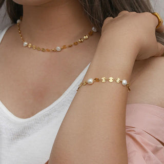 Sunburst Ferskvandsperle Halskedja + Armband Smyckesset 18K Guldpläterat