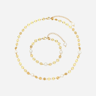 Sunburst Ferskvandsperle Halskedja + Armband Smyckesset 18K Guldpläterat