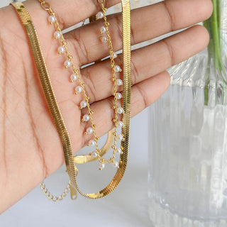 Flat Snake Choker + Pearl Smyckesset 18K Guldpläterat