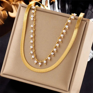 Flat Snake Choker + Pearl Smyckesset 18K Guldpläterat