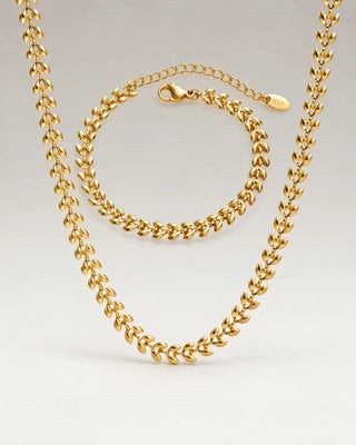 Golden Olive Leaf Halskedja + Armband Smyckesset 18K Guldpläterat