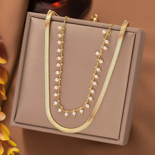 Flat Snake Choker + Pearl Smyckesset 18K Guldpläterat